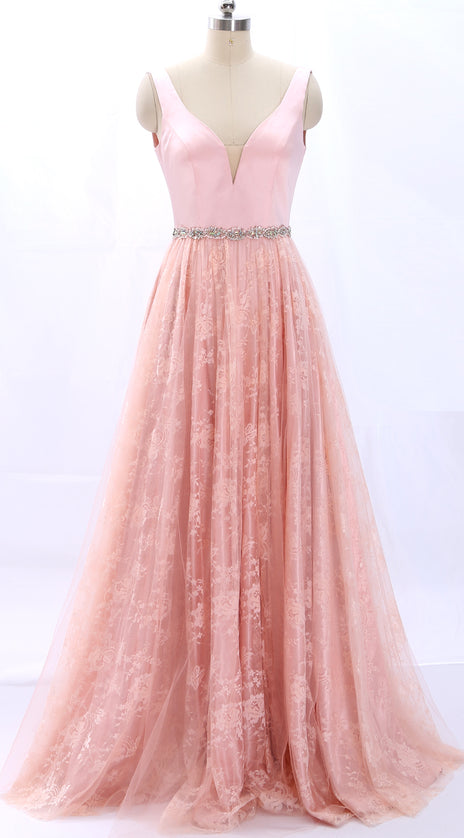 MACloth Straps V Neck Lace Satin Pink Prom Dress Formal Evening Gown