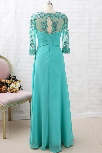 MACloth 3/4 Sleeves Lace Chiffon Long Mother of the Brides Dress Turquoise Evening Gown