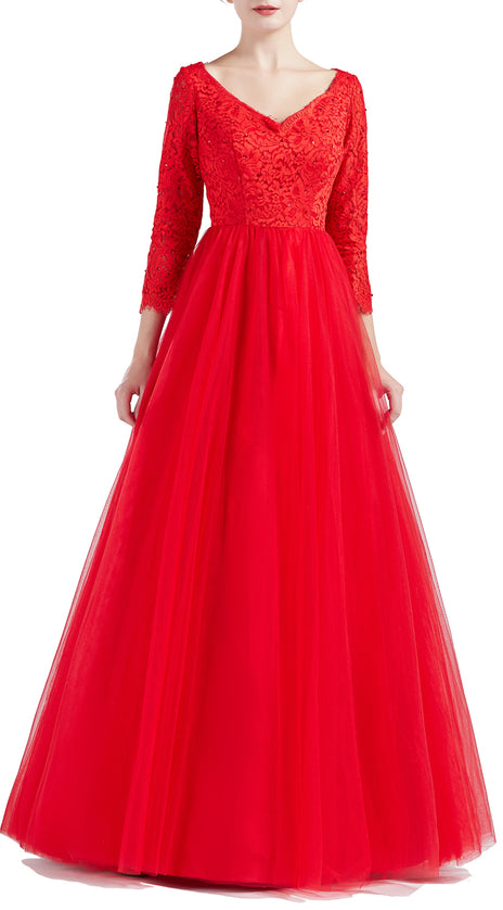 MACloth Women V Neck 3/4 Sleeve Long Tulle Prom Party Dresses Ball Gown Bridal