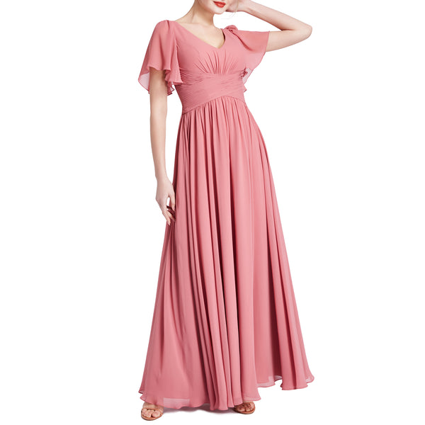 MACloth Women Short Sleeve V Neck Romantic Wedding Party Bridesmaid Dresses