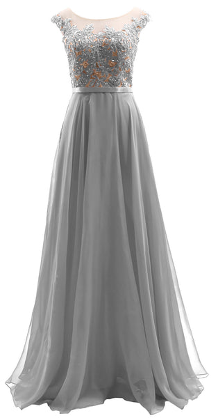 MACloth Cap Sleeves Illusion Long Prom Dress Lace Chiffon Wedding Party Dress