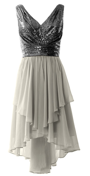 MACloth Women Straps V Neck Sequin Chiffon High Low Prom Dress Formal Party Gown