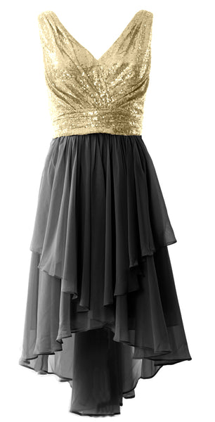 MACloth Women Straps V Neck Sequin Chiffon High Low Prom Dress Formal Party Gown