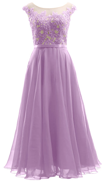 MACloth Cap Sleeves Illusion Midi Prom Dress Lace Chiffon Wedding Party Dress