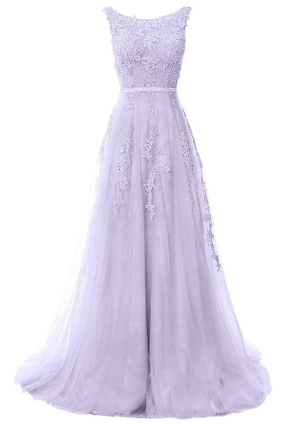 MACloth Lace Prom Dresses Boat Neck Sleeveless Lace Wedding Formal Evening Gown