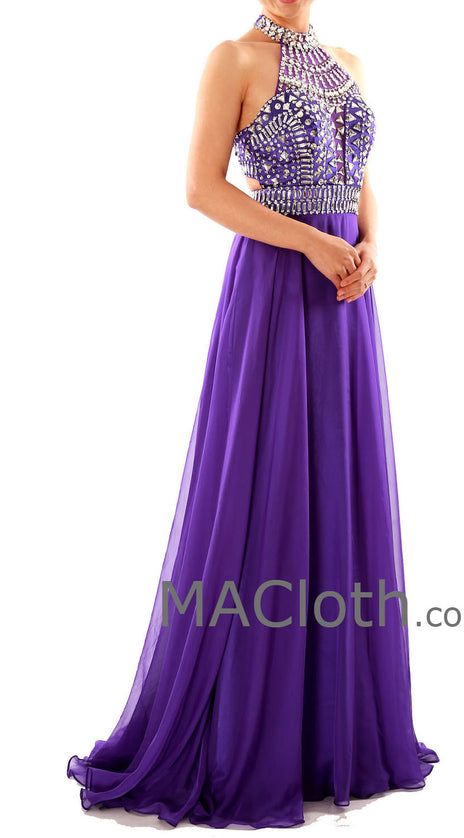 MACloth Halter A  Line Crystals Chiffon Purple Long Prom Dress with Court Train 160120