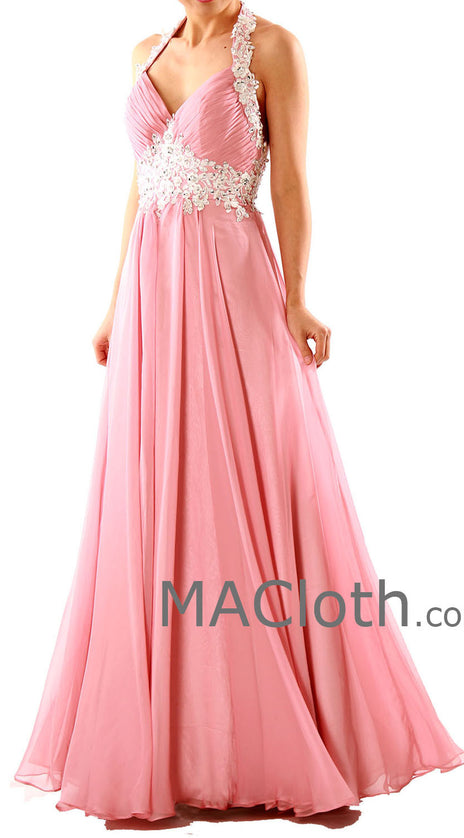 MACloth Women Halter Sweetheart with Lace Long Chiffon Peach Prom Dress 160125
