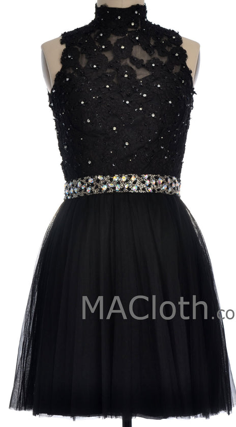 MACloth Women High Neck Black Lace Tulle Short Prom Dress with Open Back