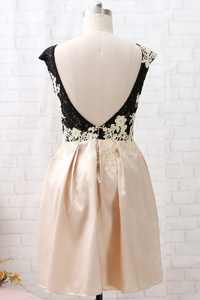 MACloth Cap Sleeves Lace Satin Short Cocktail Dress Champagne Wedding Party Dress