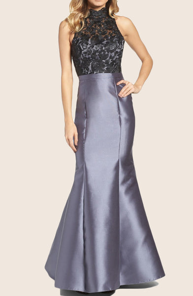 MACloth Mermaid High Neck Lace Taffeta Prom Dress Gray Formal Gown