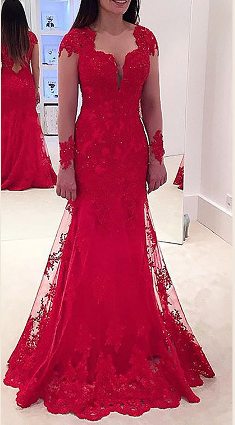 MACloth Long Sleeves V Neck Lace Prom Dress Red Formal Gown