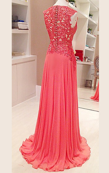 MACloth Straps V Neck Lace Chiffon Long Prom Dress Formal Party Gown