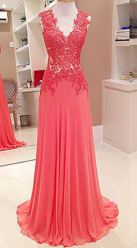 MACloth Straps V Neck Lace Chiffon Long Prom Dress Formal Party Gown