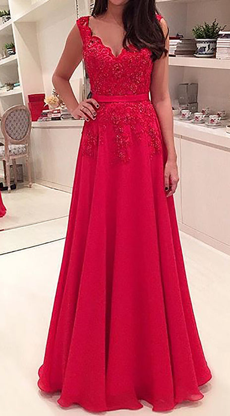 MACloth Straps V Neck Lace Chiffon Long Prom Dress Red Formal Gown