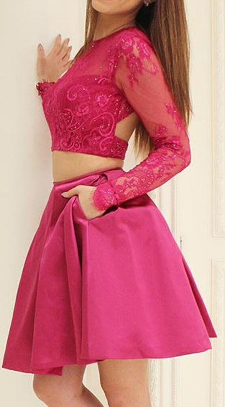 MACloth Two Piece Long Sleeves Lace Cocktail Dress Fuchsia Wedding Party Formal Gown