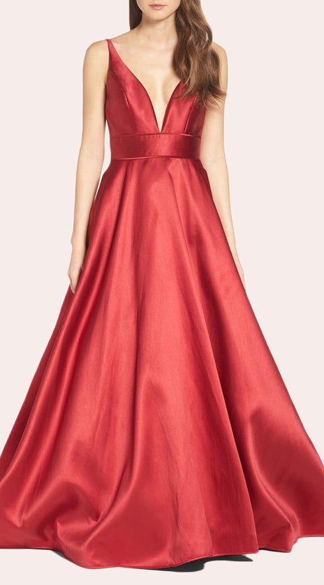 MACloth Straps V Neck Red Ball Gown Satin Prom Formal Gown