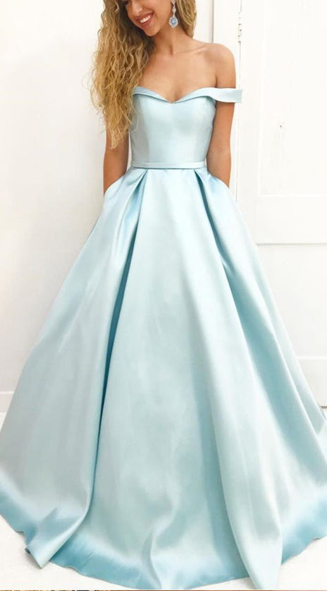 MACloth Off the Shoulder Ball Gown Sky Blue Prom Dress Satin Formal Evening Gown