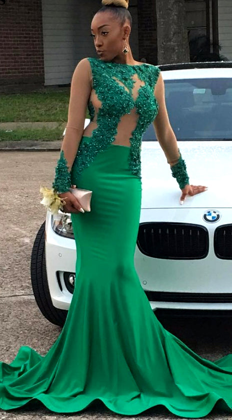 MACloth Mermaid Long Sleeves Lace Satin Prom Dress Green Formal Evening Gown