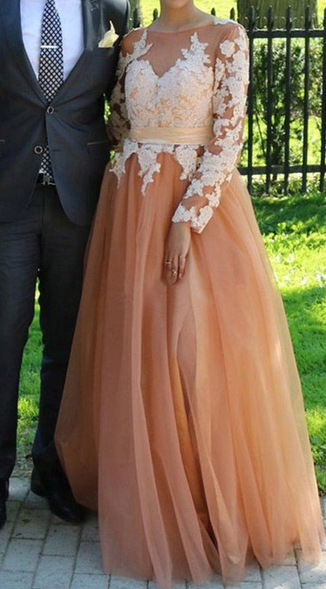 MACloth Long Sleeves Lace Tulle Peach Prom Dress Peach Formal Evening Gown 10795