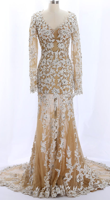 MACloth Long Sleeves Lace Mermaid Champagne Evening Formal Gown