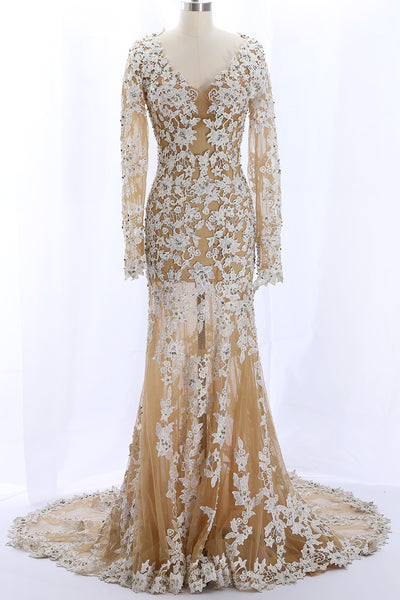 MACloth Long Sleeves Lace Mermaid Champagne Evening Formal Gown