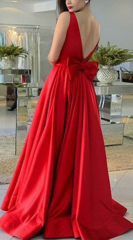 MACloth Straps O Neck Satin Maxi Prom Dress Red Formal Evening Gown with Bow