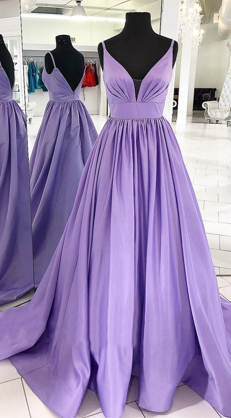 MACloth Straps V Neck Satin Maxi Prom Dress Lavender Formal Evening Gown