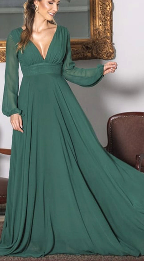 MACloth Long Sleeves V Neck Chiffon Evening Gown Dark Green Formal Dress