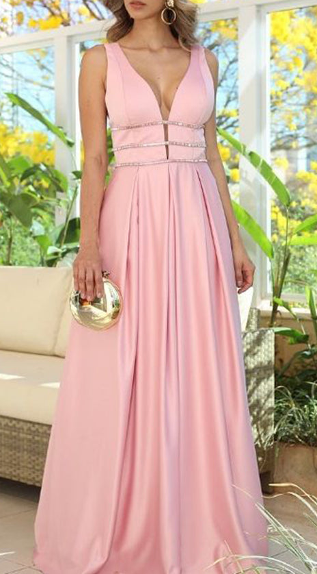 MACloth Straps V Neck Satin Long Prom Dress Pink Formal Evening Gown
