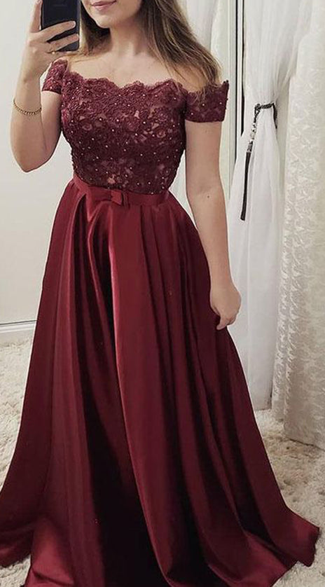 MACloth Off the Shoulder Lace Satin Burgundy Prom Dress Dusty Rose Formal Evening Gown