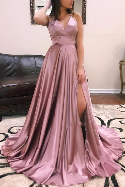 MACloth Straps V Neck Dusty Rose Long Prom Dress Satin Chiffon Formal Evening Gown