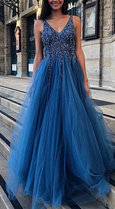 MACloth Straps V Neck with Beaded Long Prom Dress Dark Navy Formal Evening Gown