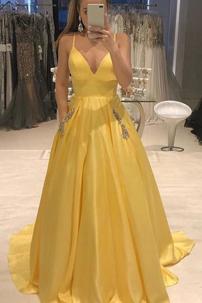 MACloth Straps V Neck Ball Gown Prom Dress with Pocket Yellow Formal Evening Gown