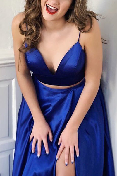 MACloth Straps V neck Two Piece Royal Blue Prom Dress Formal Evening Gown