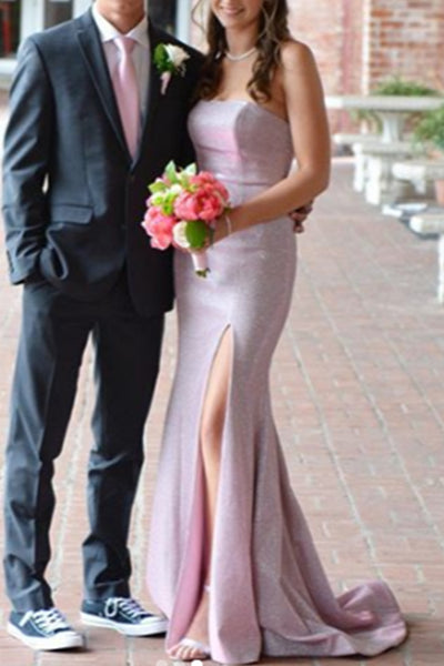MACloth Strapless Sheath Long Prom Dress with Slit Fuchsia Silver Formal Evening Gown