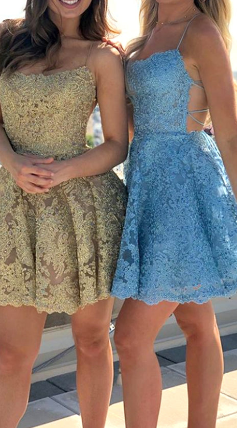 MACloth Spaghetti Straps Lace Mini Prom Homecoming Dress Gold / Blue Cocktail Party Dress