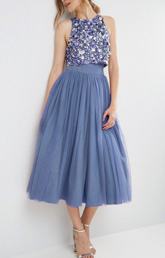 asos embellished cluster crop top tulle midi dress