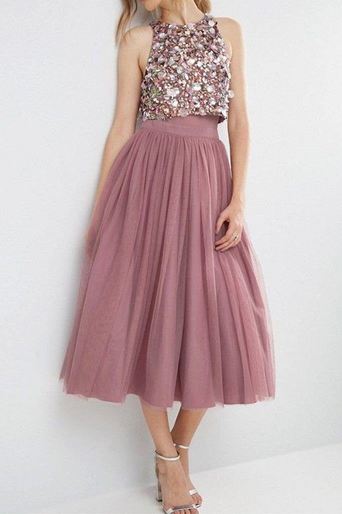 Dusty pink outlet tulle midi skirt