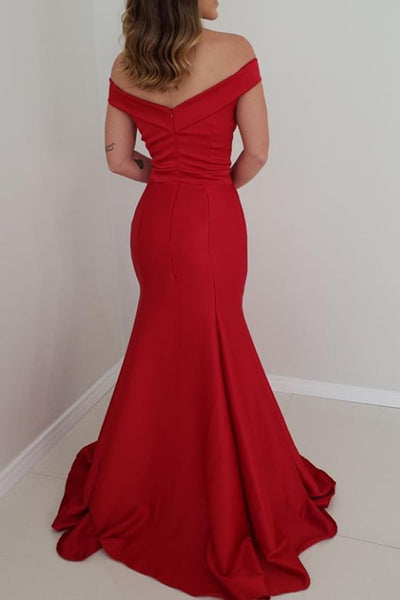 MACloth Mermaid Off the Shoulder Satin Prom Dress Red Formal Evening Gown