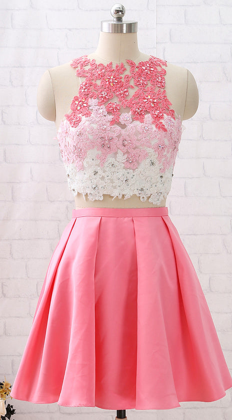 MACloth Two Piece Lace Satin Mini Pink Prom Homecoming Dress