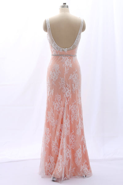 MACloth Straps V Neck Beaded Lace Pink Formal Evening Gown