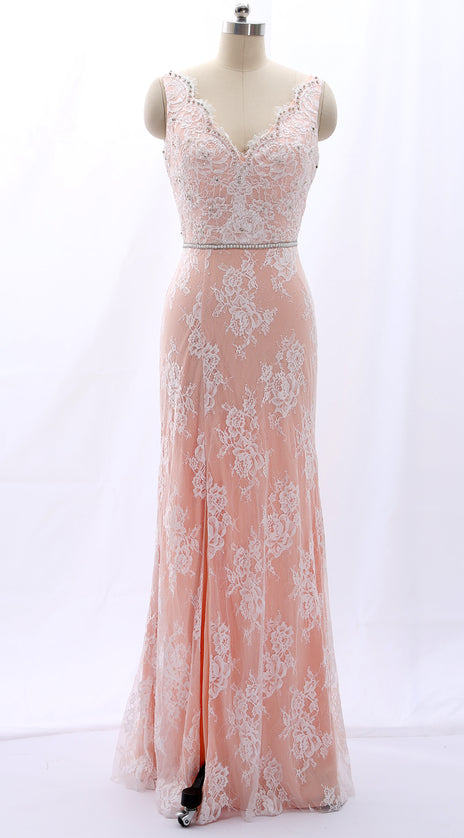 MACloth Straps V Neck Beaded Lace Pink Formal Evening Gown