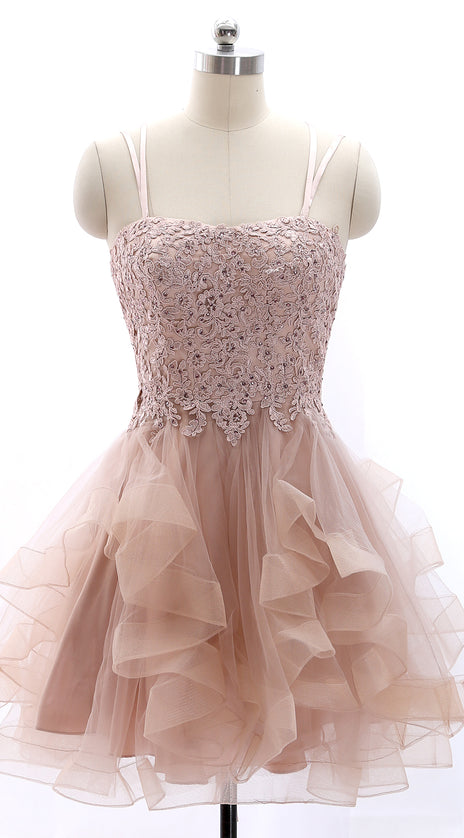 MACloth Spaghetti Straps Lace Tulle Mini Prom Homecoming Dress Vintage Party Formal Gown