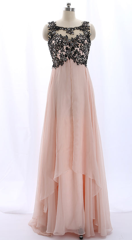 MACloth Lace Chiffon Pearl Pink Long Prom Dress with Open Back