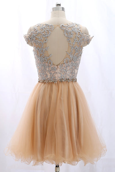 MACloth Off the Shoulder Lace Tulle Champagne Prom Homecoming Dress Cocktail Dress