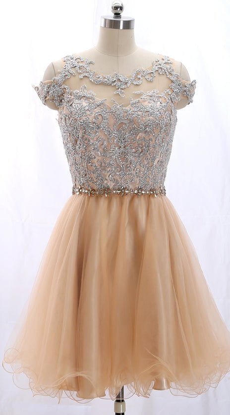 MACloth Off the Shoulder Lace Tulle Champagne Prom Homecoming Dress Cocktail Dress