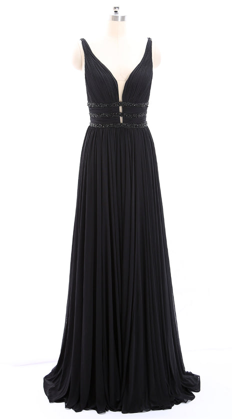 MACloth Straps Deep V Neck Jersey Long Prom Dress Black Formal Evening Gown