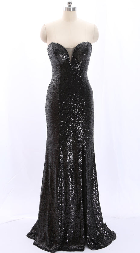 MACloth Strapless Sweetheart Mermaid Black Sequin Long Prom Dress Formal Evening Gown