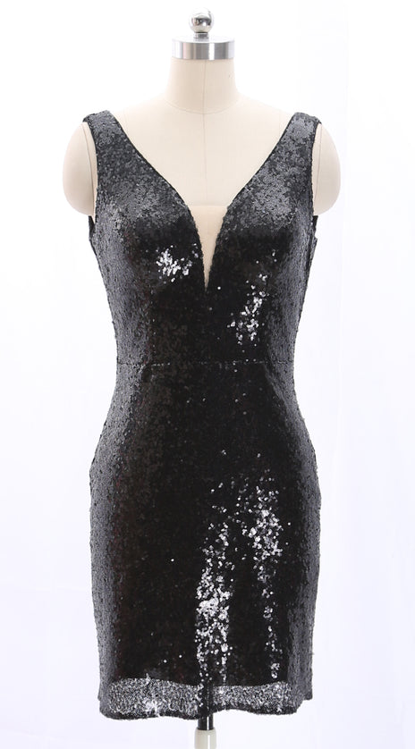 MACloth Straps V Neck Sheath Sequin Mini Party Dress Little Black Dress