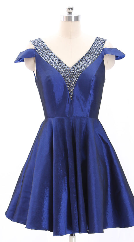 MACloth V Neck Beaded Short Royal Blue Mini Prom Homecoming Dress Cocktail Dress